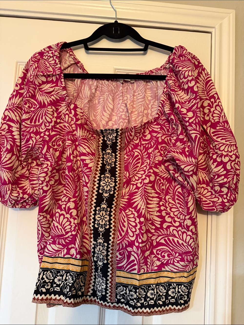 LOFT Fuchsia Floral Puff-Sleeve Peasant Top with Border Trim